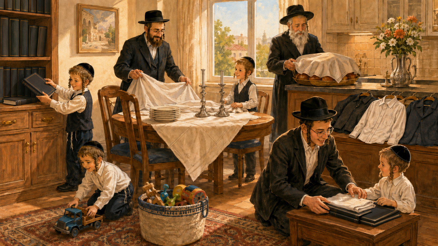 Charedi fathers, grandfathers, and boys preparing for Shabbos