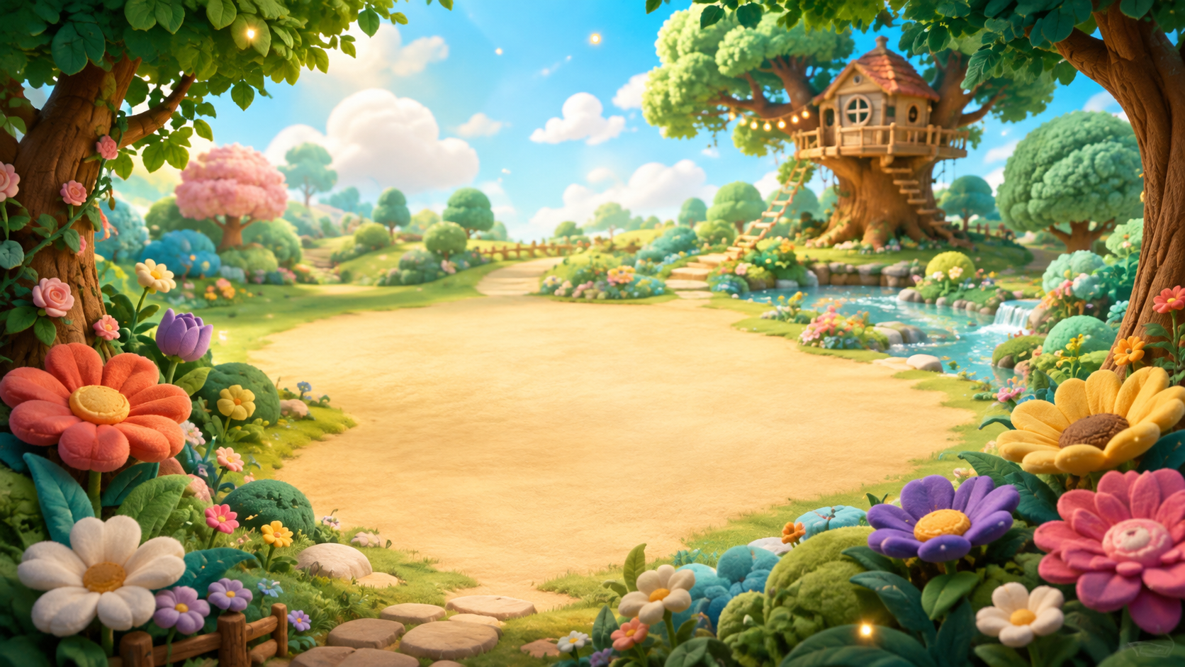 A sunny enchanted learning garden with a treehouse