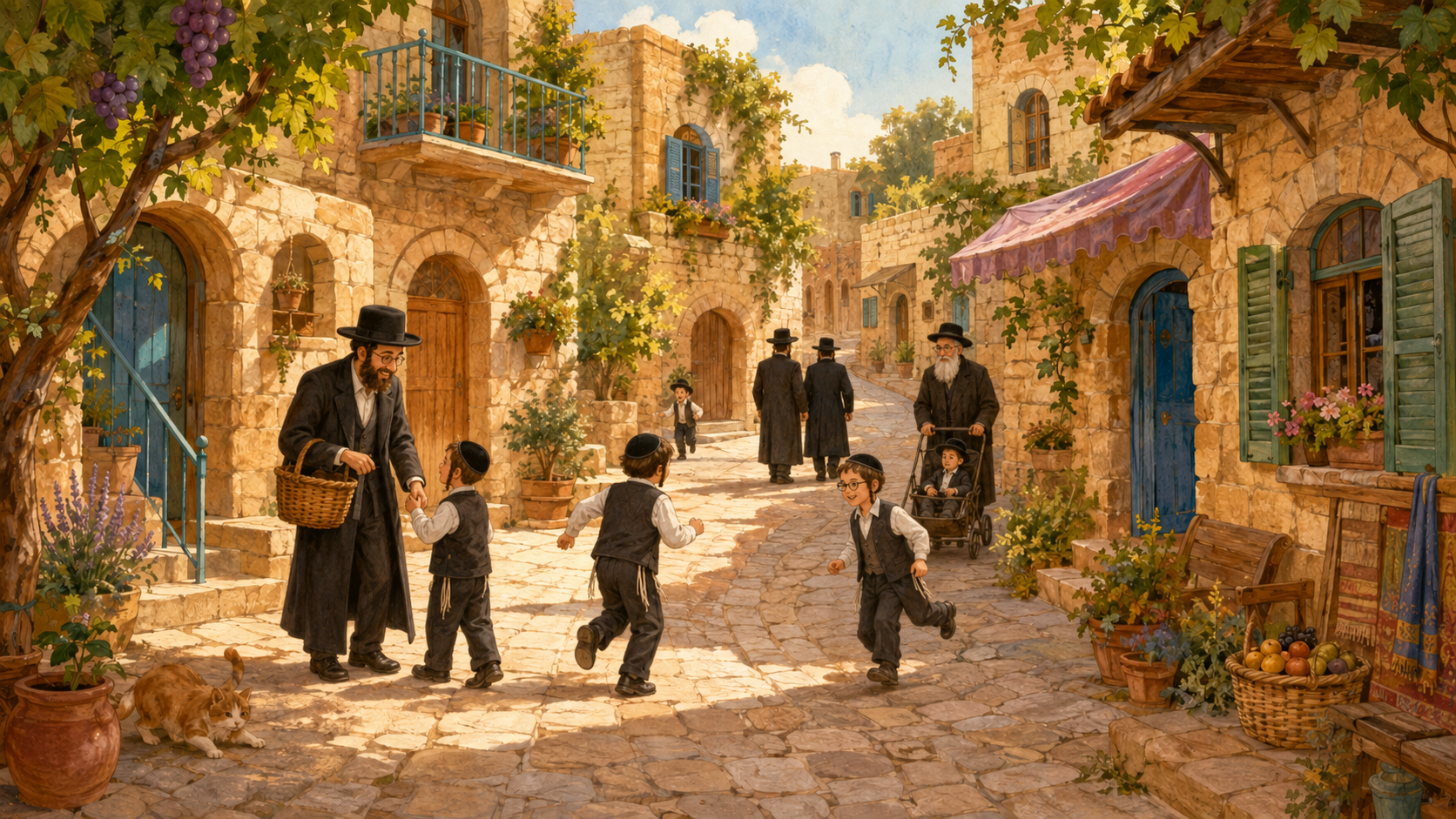 A sunny illustrated Jerusalem lane full of Charedi men and boys, vines, doorways, and winding paths